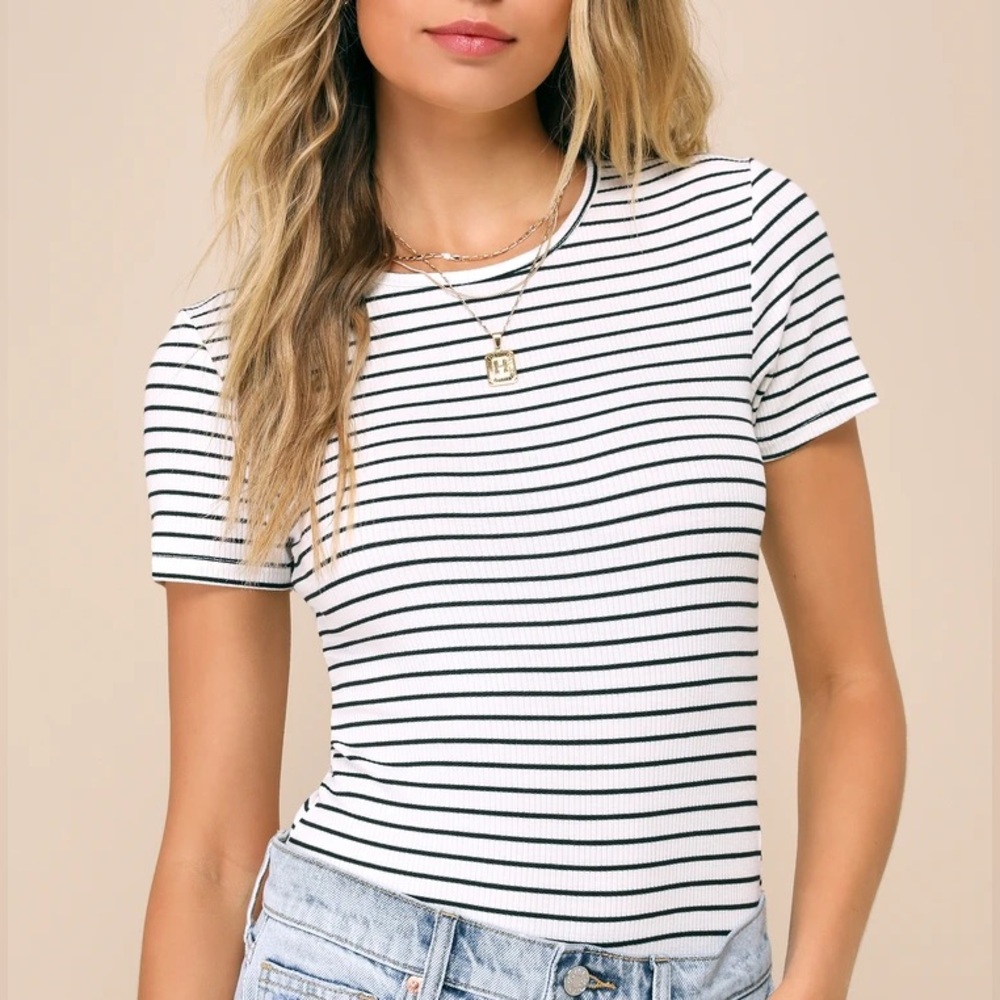 Lulus Kinship Black and White Striped Ribbed Bodysuit size M